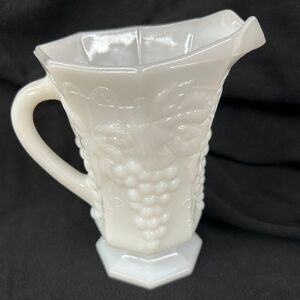 Vintage Anchor Hocking White 6 1/2 Inch Milk Glass Pitcher with Grape Design